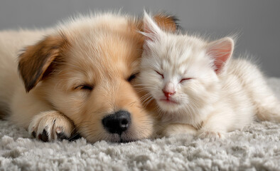 Obraz premium cute orange kitten sleeping on the back of a cute beige labrador dog, with a happy and content expression, on a white carpet in a bright room,