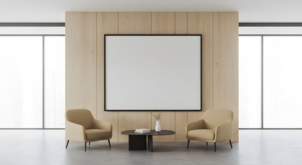 Modern Minimalist Waiting Area with Two Beige Armchairs and Black Coffee Table in Bright Office Space