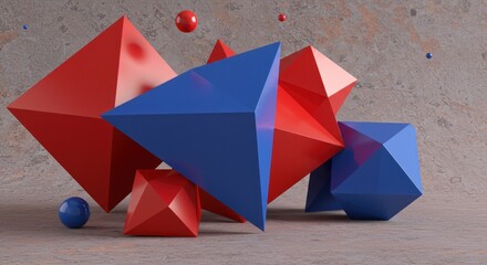 Geometric solids red  blue against mottled gray backdrop Spheres float above  one rests on surface