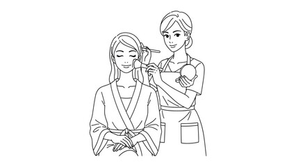 Stylized line drawing of a woman applying makeup to another woman s face with a brush in a salon setting