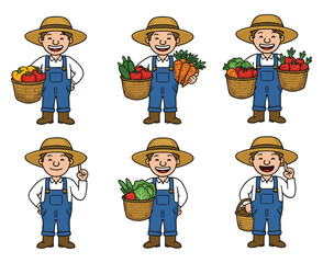 cartoon farmer character, vegetable basket, farm produce, agriculture illustration, healthy food, harvest season, rural lifestyle, vector set