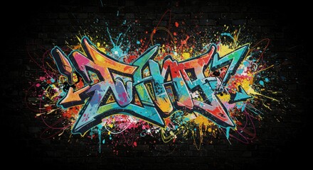 Graffiti mural with vibrant colors on a dark brick wall