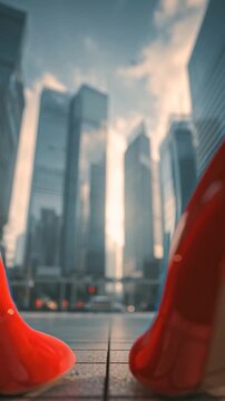 Elegant glamour fashion red high heels woman walking in business financial downtown district