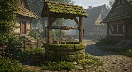 Mosscovered well in village stone  wood details