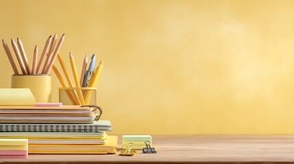 A neatly arranged desk setup with colorful school supplies against a vibrant yellow background, featuring notebooks,