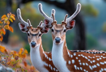 two beautiful male indian spotted deer, chital, standing in the dense forest of ranthambore tiger reserve with trees, sunlight filtering through leaves