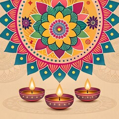 Colorful Mandala Design with Lit Diya Lamps