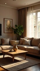 Fototapeta premium Cozy living room with comfortable couch, coffee table, and warm lighting, perfect for relaxation and family time , family, serenity, home sweet home