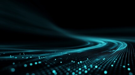 Abstract futuristic design with vibrant blue-green light trails and dots, representing digital movement and data flow,