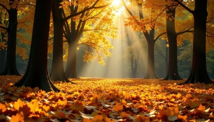 Golden leaves blanket forest floor, sunlight dappled , detail, sunlight