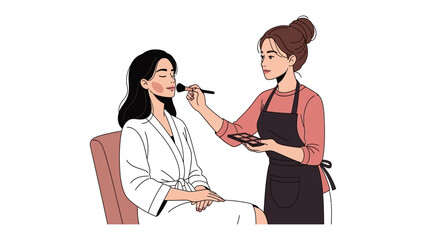 Professional makeup artist applying foundation to a young woman s face with a brush in a beauty salon setting