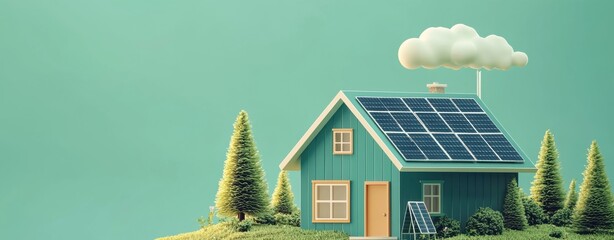 Sustainable house with solar panels surrounded by trees and a clear sky