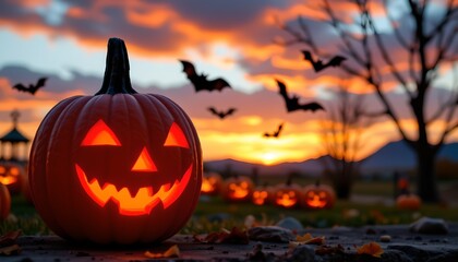 A Halloween themed setting with a carved pumpkin prominently in the foreground against a backdrop of dusk sky