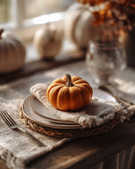 Fototapeta premium Elegant autumn place-setting featuring a quaint pumpkin centerpiece