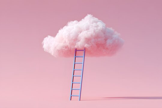 Surreal pastel pink cloud with blue ladder reaching into it, dreamlike conceptual minimal art on pink background