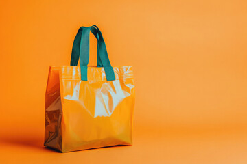 Glossy Orange Tote Bag with Dark Green Handles Against Solid Orange Background