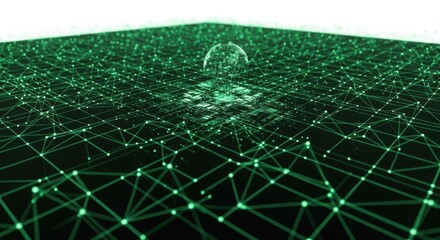 Abstract digital network grid with glowing green nodes and connections, representing data and technology