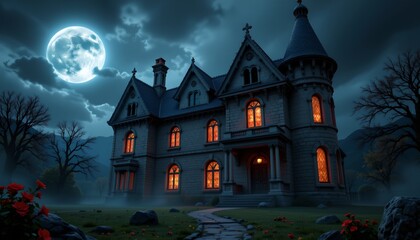 A grand Victorian house at night. The house is illuminated by the glow of numerous windows, casting a warm light that contrasts with the surrounding darkness