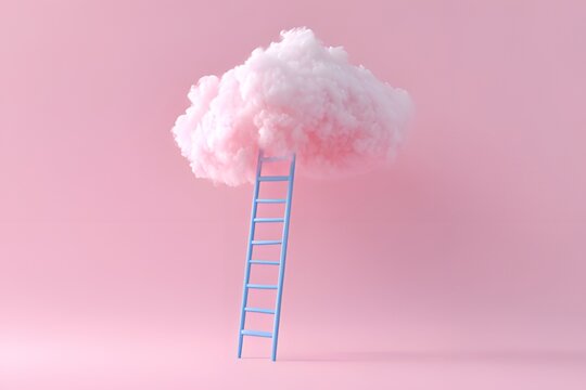 Surreal pastel pink cloud with blue ladder reaching into it, dreamlike conceptual minimal art on pink background