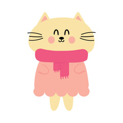 Cute drawing cartoon cute kitten wearing a pink scarf. cute animal,drawing, doodle, sticker for autumn vibes