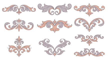 A collection of nine elegant, vintage-style scrollwork dividers in dusty rose and lavender, featuring ornate acanthus leaf and swirl motifs.