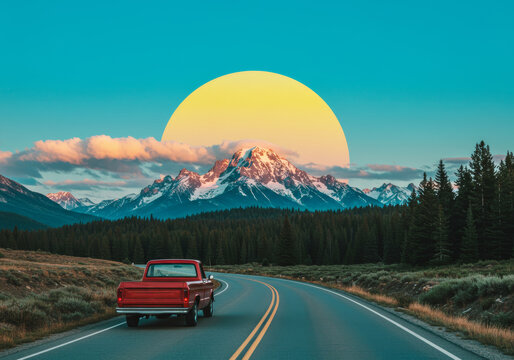 Pickup truck travels on highway with mountain sunset