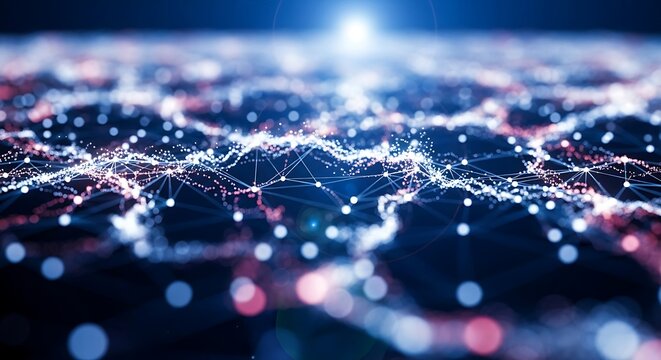 Abstract dark blue digital data and network connection pixel background, scientific concept and global communication technology background