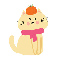 Hand drawing cartoon kitty wearing pink scarf. cute animal drawing, doodle