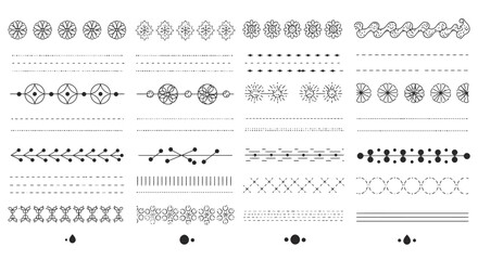 A diverse collection of black and white decorative line dividers, borders, and page separators for graphic design projects.