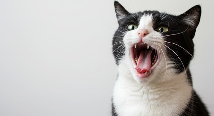Fototapeta premium Playful Black and White Cat Yawning Wide