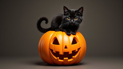 Adorable Black Cat on Classic Halloween Pumpkin