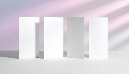 Four blank white cards mockup with soft purple gradient background and natural window light shadows