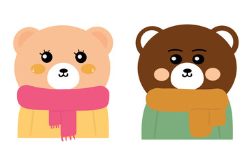Cute cartoon love bear couple, who wears a scarf