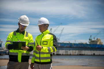Fototapeta premium Coastal officials are inspecting the shoreline used for mooring large cargo ships
