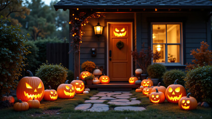 Obraz premium Spooky Halloween Pumpkins Illuminate Cozy Home Exterior