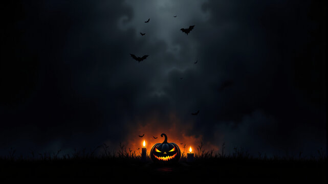 Spooky Halloween Night with Jack-o'-Lanterns and Bats