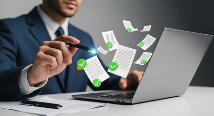 Businessman using laptop to manage electronic documents, online approval, digital transformation, and paperless office concept