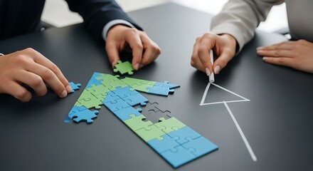 Business people putting puzzle pieces together in the shape of an arrow pointing up, symbolizing teamwork and business growth