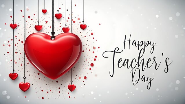Photo of happy teachers day with a large red heart hanging among smaller hearts and confetti, symbolizing love and gratitude for teachers - Powered by Adobe