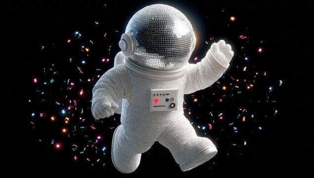 A whimsical astronaut, dressed in white,  disco-ball helmet, running amidst colorful confetti, against a black backdrop