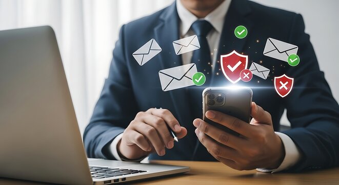 Businessman manages secure email on smartphone with laptop, emphasizing data protection and efficient communication in a digital workspace