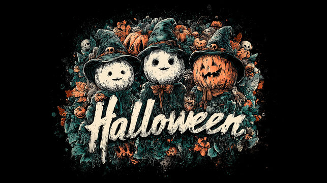 Mityczne stworki i dynie na ciemnym tle, otoczone liśćmi i kwiatami. Na środku widoczny jest duży napis: "Halloween". Ilustracja ma styl przypominający sztukę ludową.