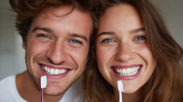 Couple brushing teeth together in bright bathroom, enjoying morning routine and each other's company