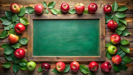 Photo of rustic wooden table with a green chalkboard surrounded by fresh red and green apples and green leaves, ideal for a back to school or harvest theme