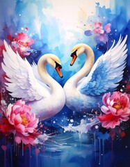 Two Swans Love Surrounded Flowers