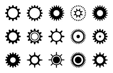 Collection of Black and White Gear Icons on a White Background