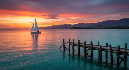 Sailboat sails at sunset over tranquil lake waters