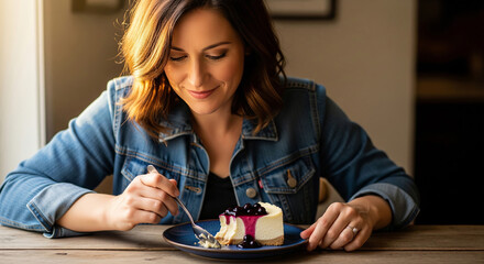 Woman enjoying a slice of cheesecake with blueberry sauce at a wooden table, casual atmosphere with natural light.