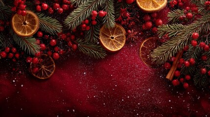 Festive Christmas arrangement with frosted greenery, dried orange slices, red berries, cinnamon sticks,