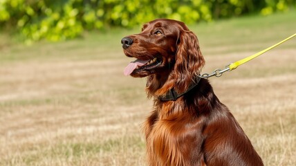 Irish setter with yellow leash sits patiently in a grassy field on a sunny day outdoors